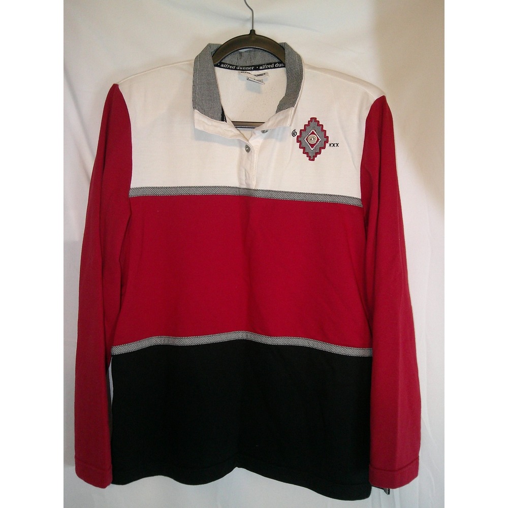 VTG Alfred Dunner Women's Red Black White Colorblock Polo Shirt Sm Long Sleeve‎